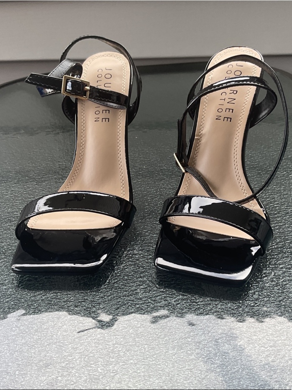 Journee Collection Black Patent Square-Toe Ankle Strap Heels